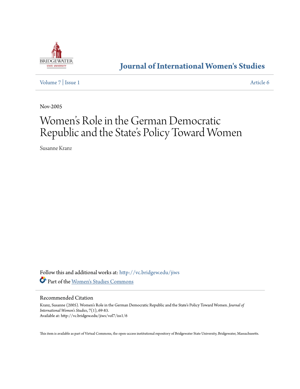 Women's Role in the German Democratic Republic and The