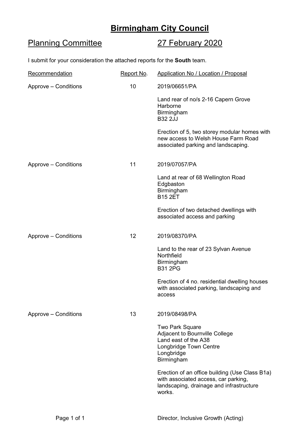 Birmingham City Council Planning Committee 27 February 2020