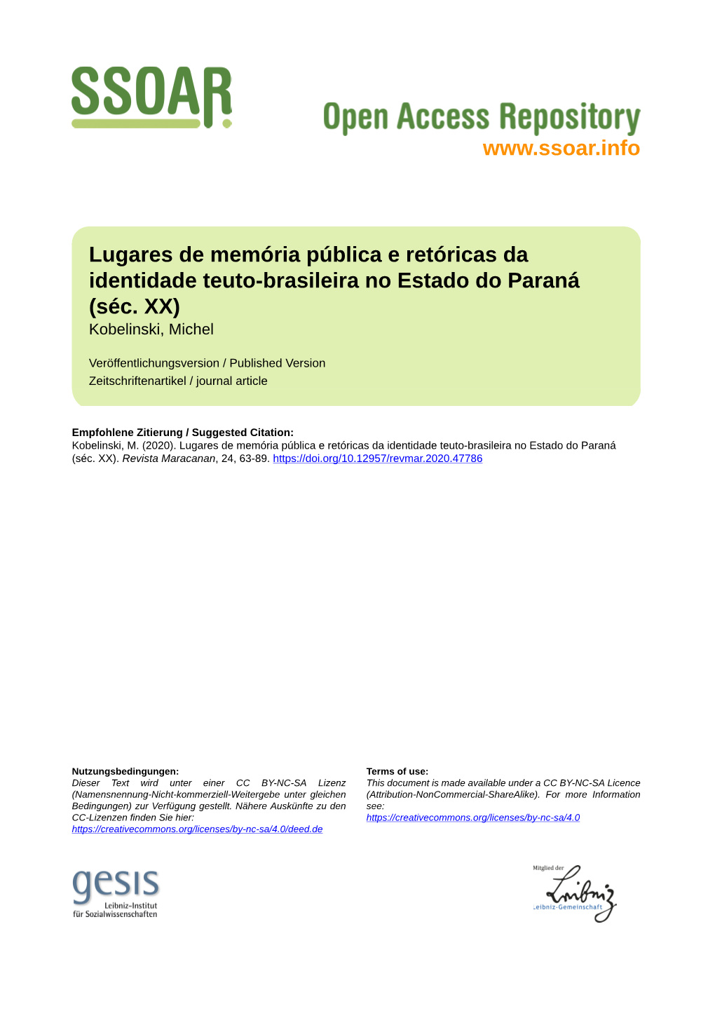 Lugares De Memória Pública E Retóricas Da Identidade Teuto-Brasileira No Estado Do Paraná (Séc