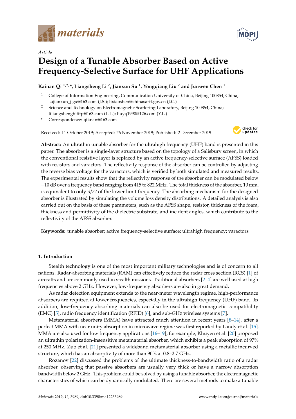 Design of a Tunable Absorber Based on Active Frequency-Selective Surface for UHF Applications