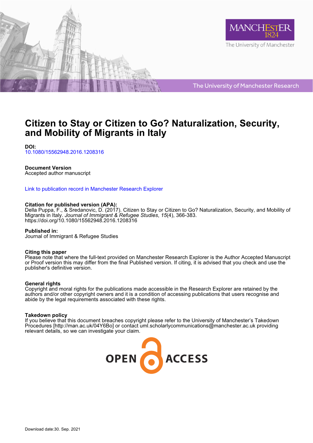 Citizen to Stay Or Citizen to Go? Naturalization, Security, and Mobility of Migrants in Italy