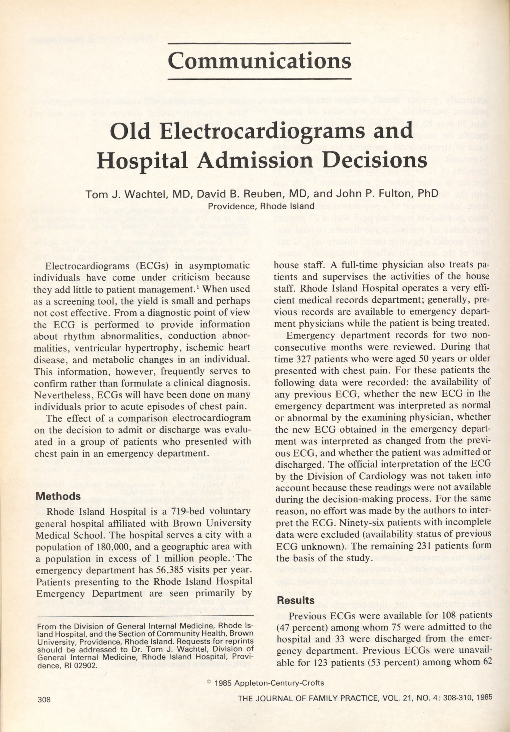 Communications Old Electrocardiograms and Hospital Admission Decisions