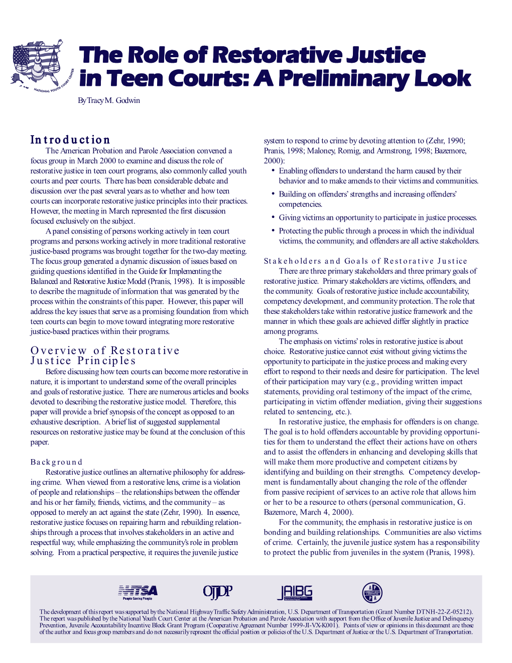 Role of Restorative Justice in Teen Courts: a Preliminary Look