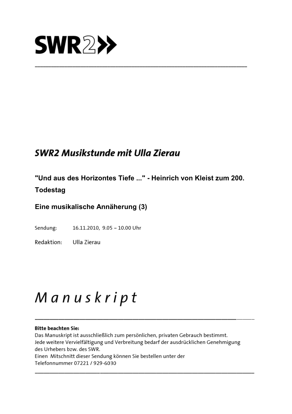 Heinrich Von Kleist Zum 200. Todestag Eine Musikalische Annäherung (3)