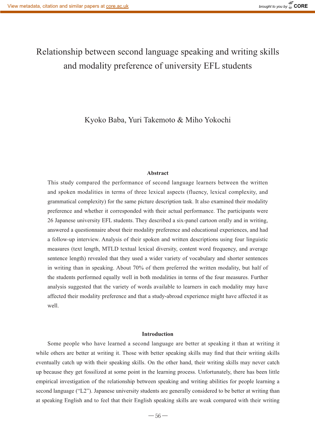 Relationship Between Second Language Speaking and Writing Skills and Modality Preference of University EFL Students