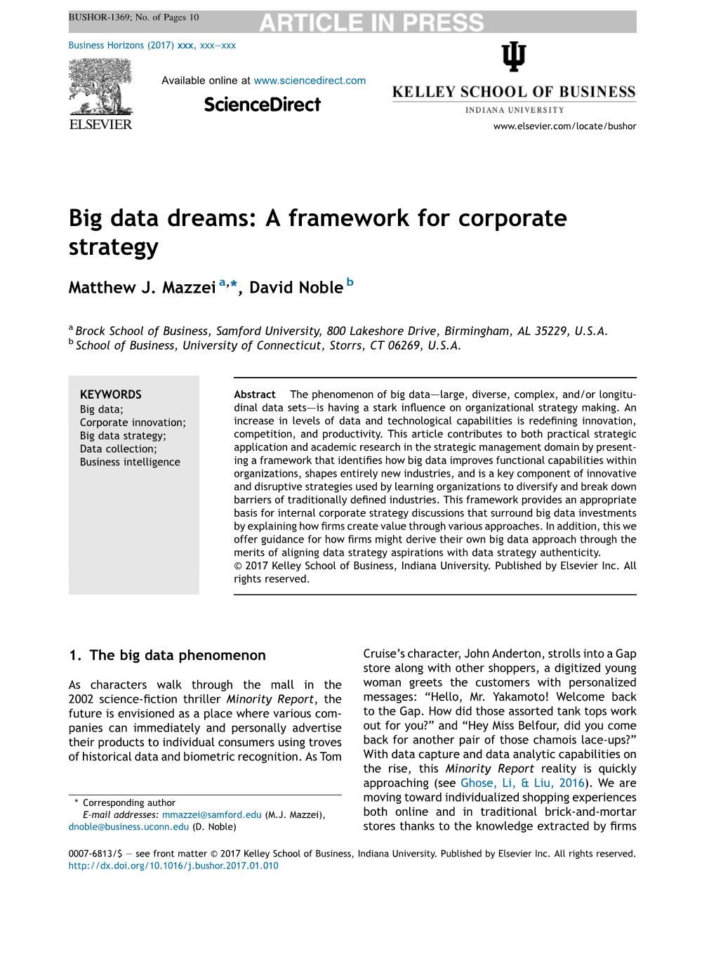 Big Data Dreams: a Framework for Corporate Strategy