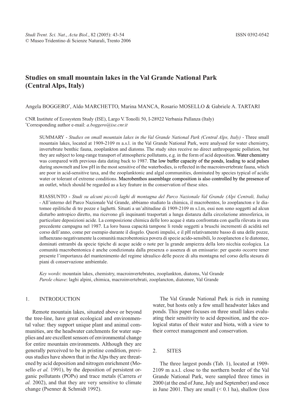 Studies on Small Mountain Lakes in the Val Grande National Park (Central Alps, Italy)
