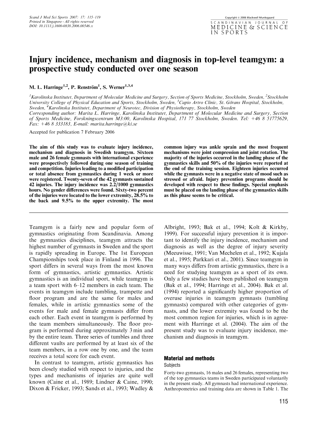 Injury Incidence, Mechanism and Diagnosis in Top-Level Teamgym: a Prospective Study Conducted Over One Season