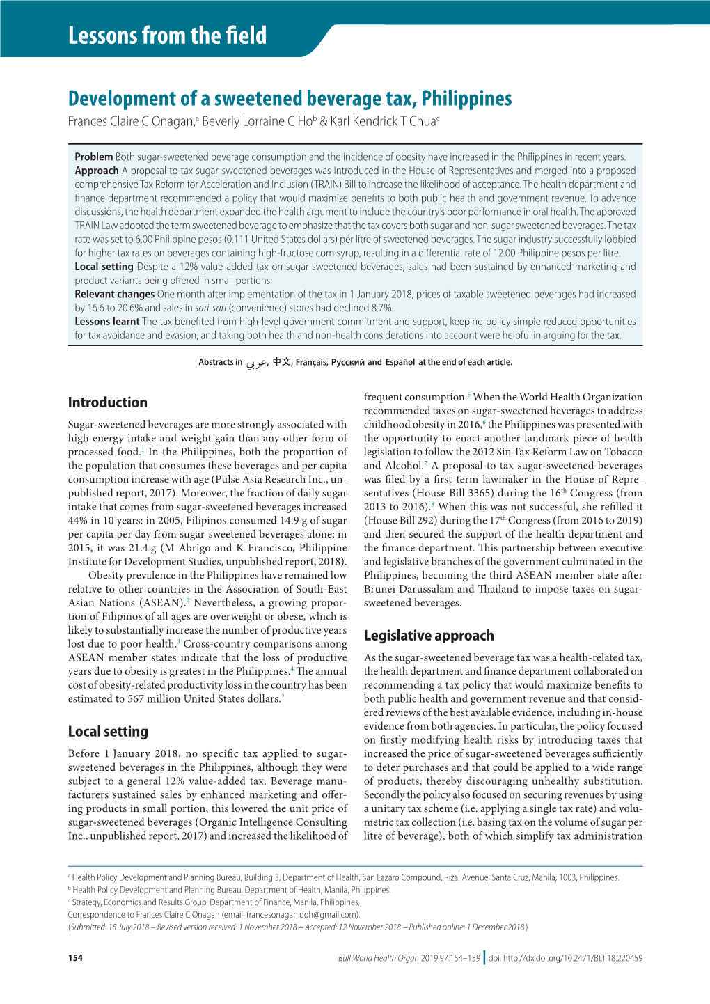 Development of a Sweetened Beverage Tax, Philippines Frances Claire C Onagan,A Beverly Lorraine C Hob & Karl Kendrick T Chuac