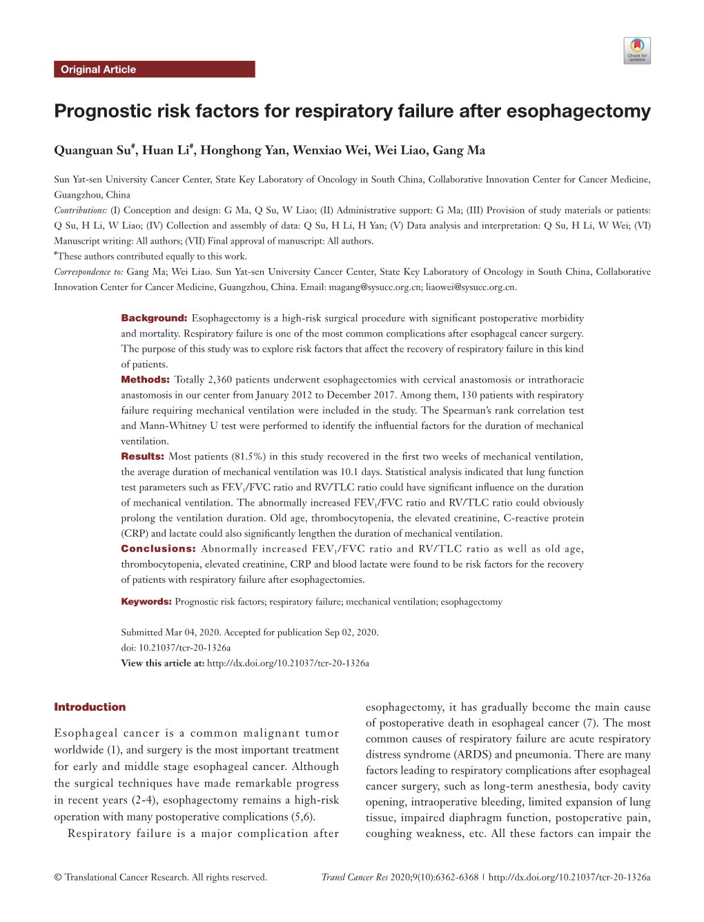 Prognostic Risk Factors for Respiratory Failure After Esophagectomy