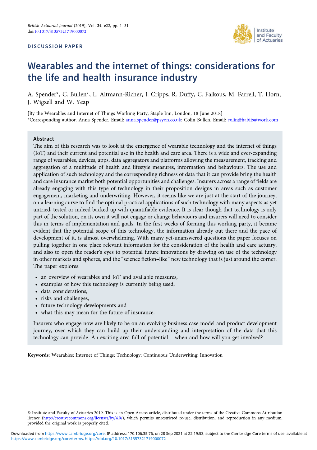 Wearables and the Internet of Things: Considerations for the Life and Health Insurance Industry