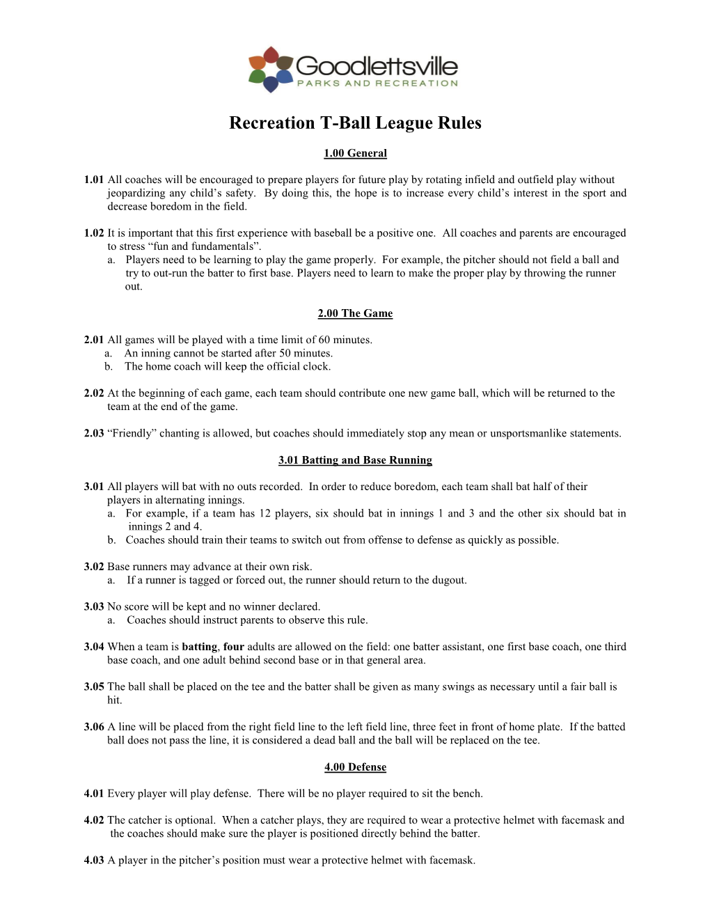 Recreation T-Ball League Rules