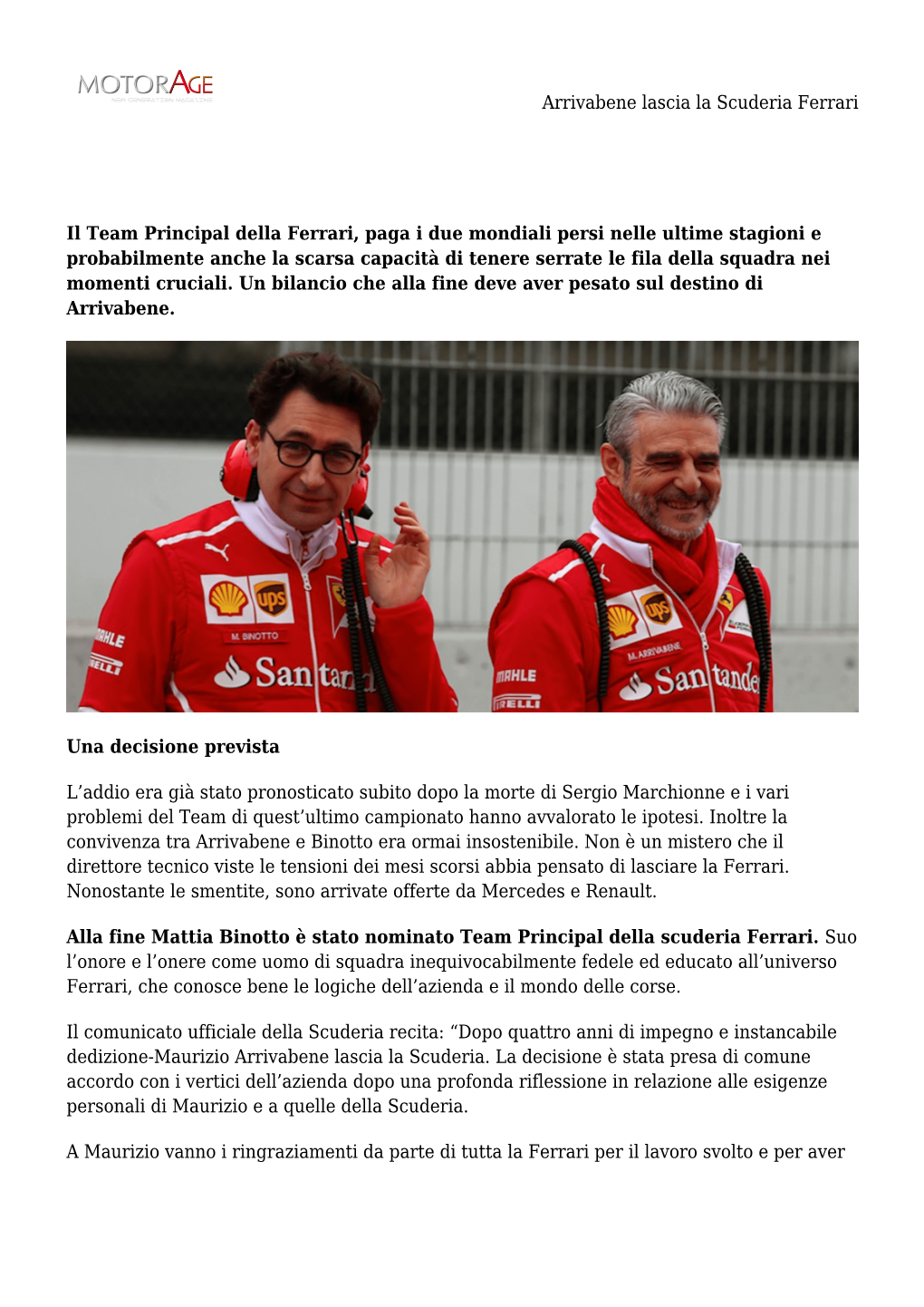 Arrivabene Lascia La Scuderia Ferrari