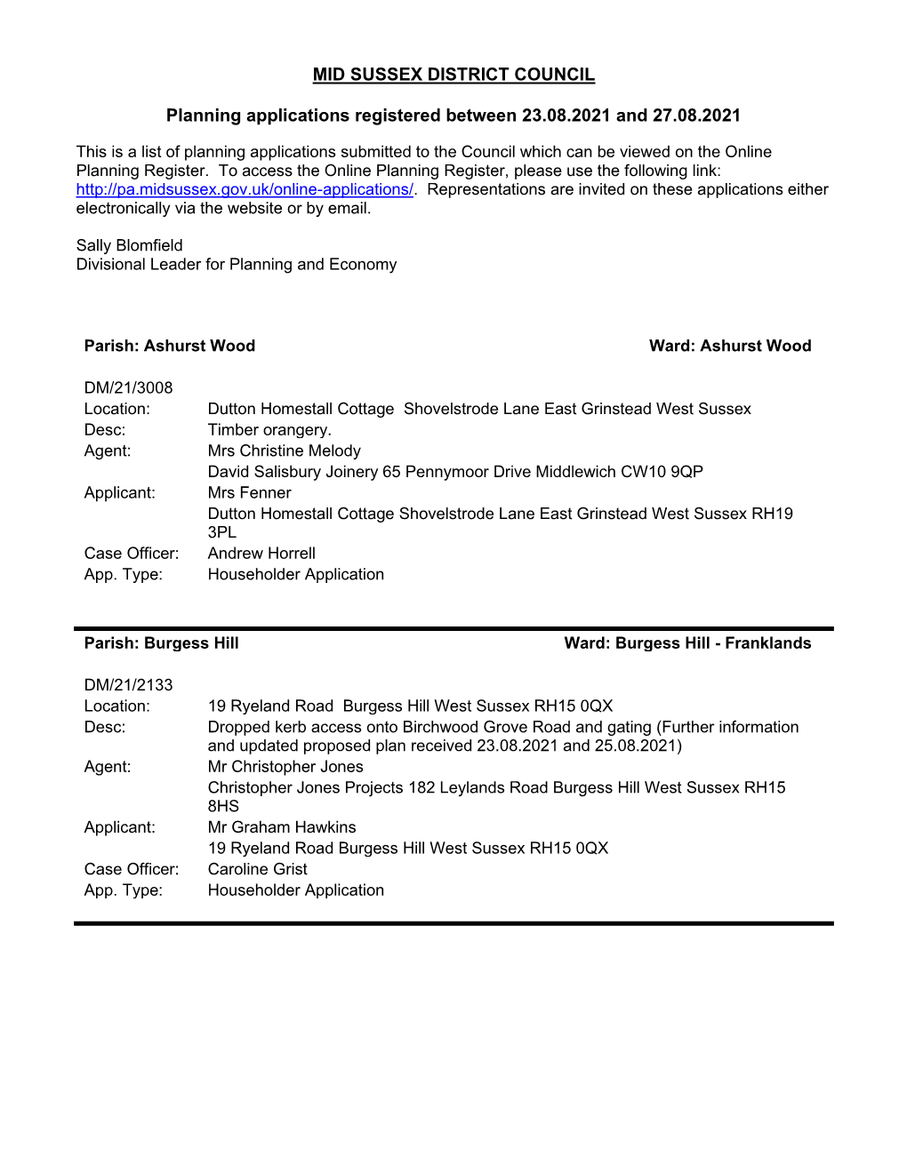 MID SUSSEX DISTRICT COUNCIL Planning Applications Registered