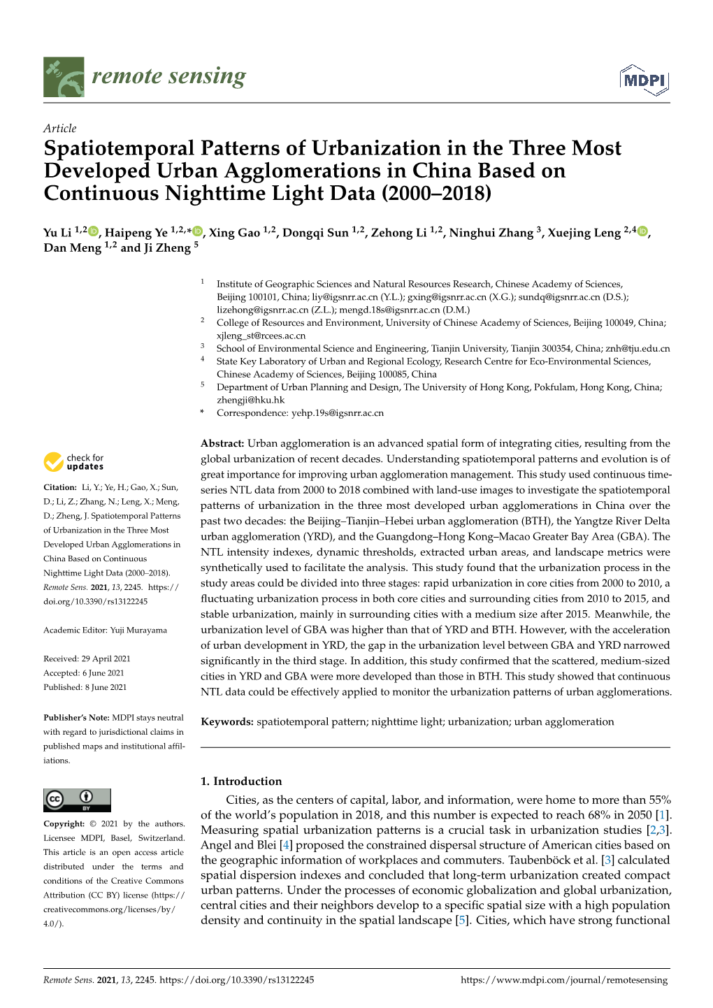 Spatiotemporal Patterns of Urbanization in the Three Most Developed Urban Agglomerations in China Based on Continuous Nighttime Light Data (2000–2018)