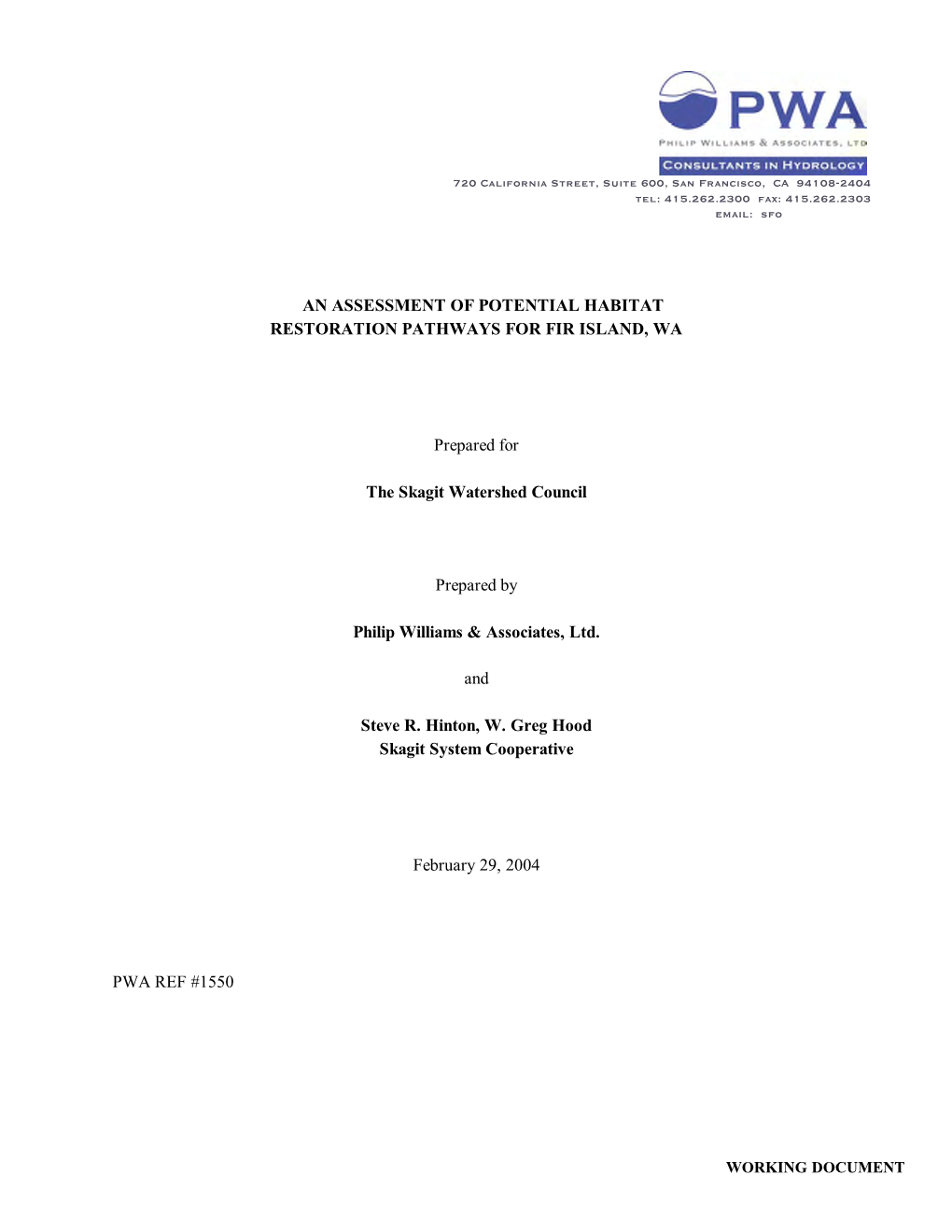 An Assessment of Potential Habitat Restoration Pathways for Fir Island, Wa