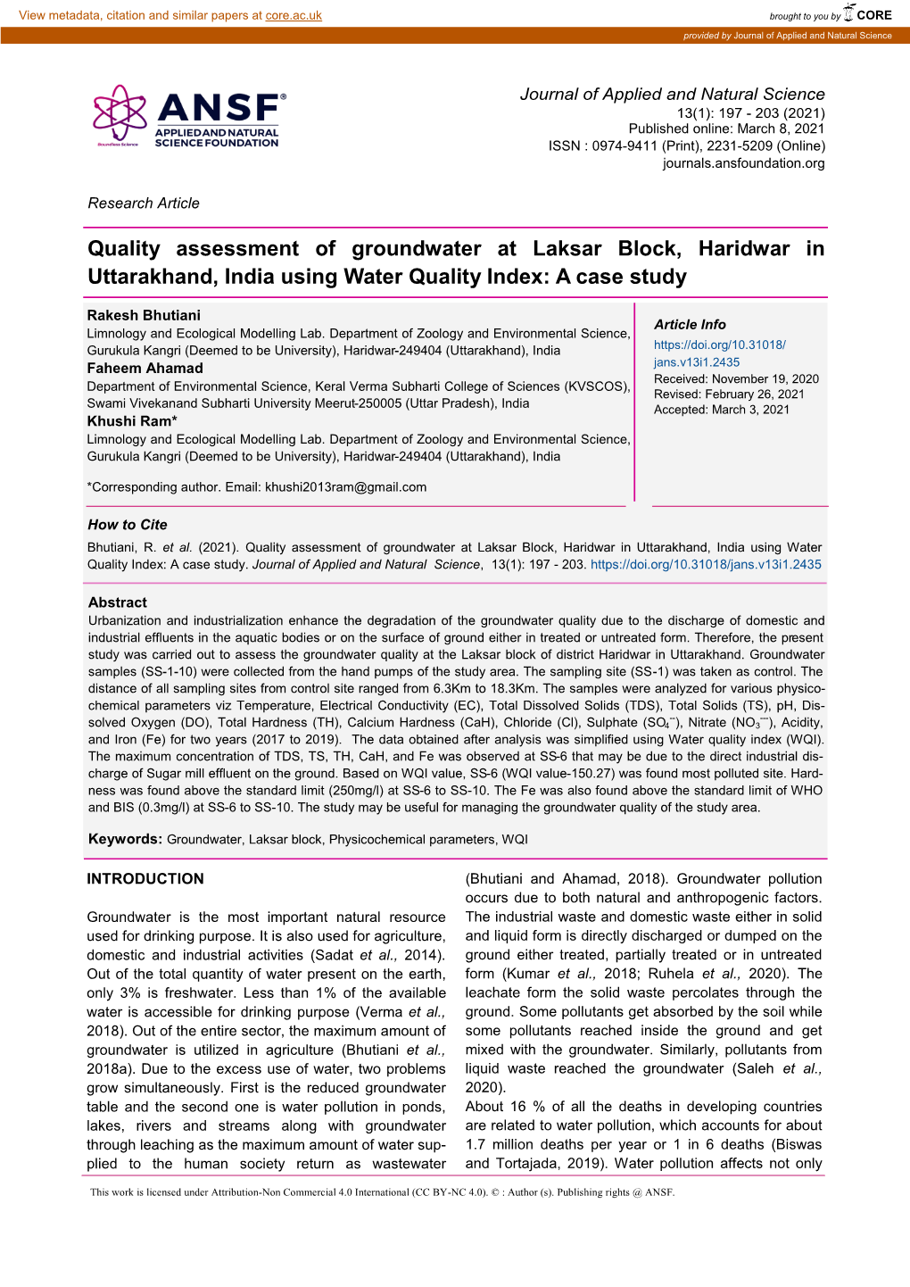 Quality Assessment of Groundwater at Laksar Block, Haridwar in Uttarakhand, India Using Water Quality Index: a Case Study