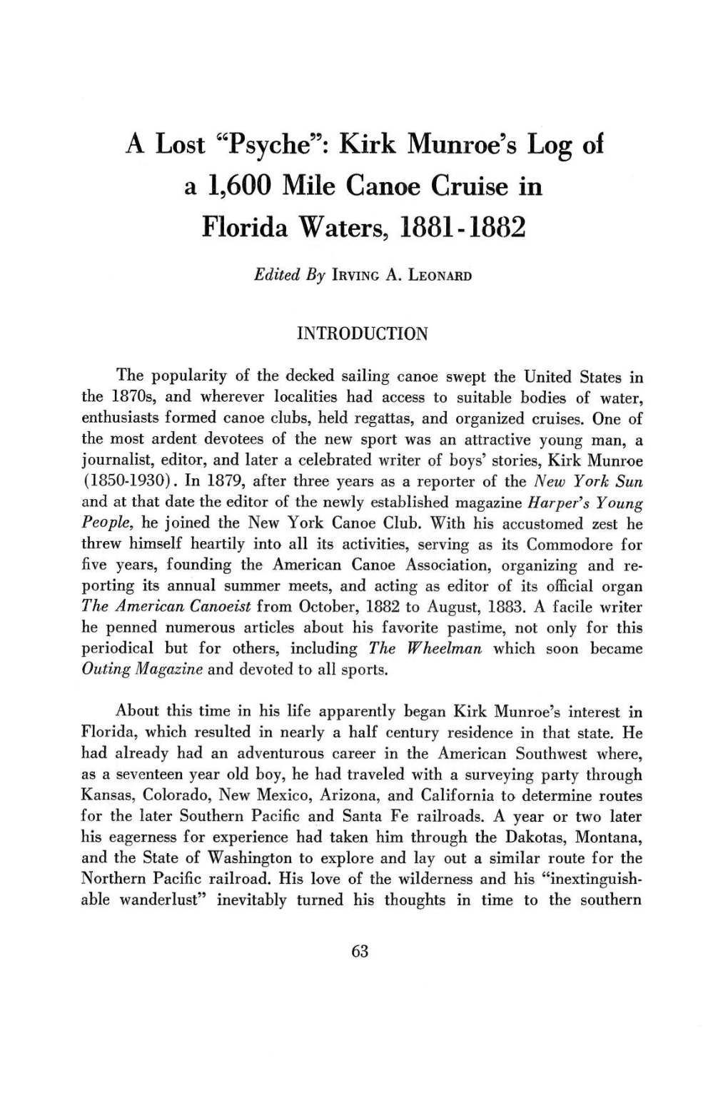 A Lost "Psyche": Kirk Munroe's Log of a 1,600 Mile Canoe Cruise in Florida Waters, 1881-1882