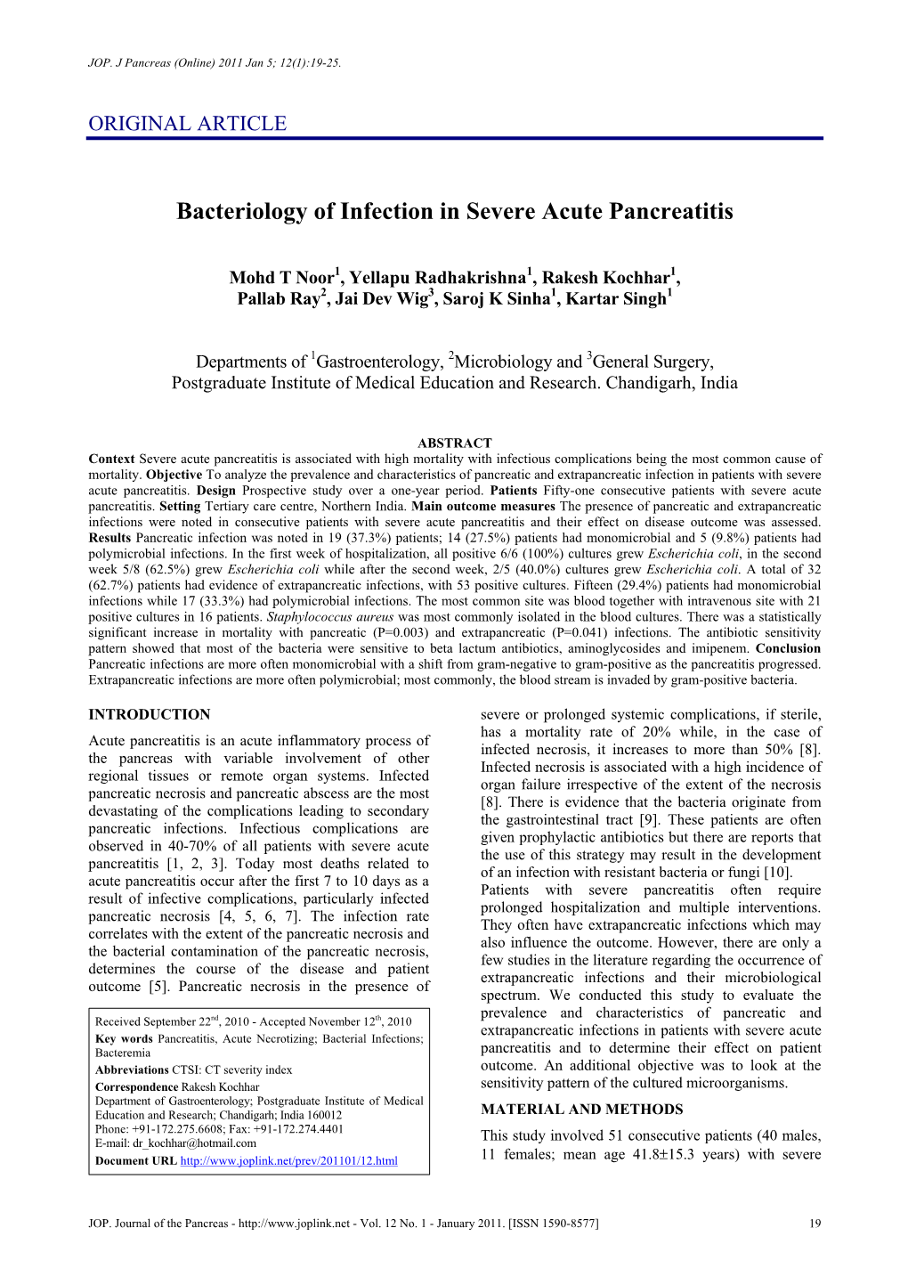 Bacteriology of Infection in Severe Acute Pancreatitis