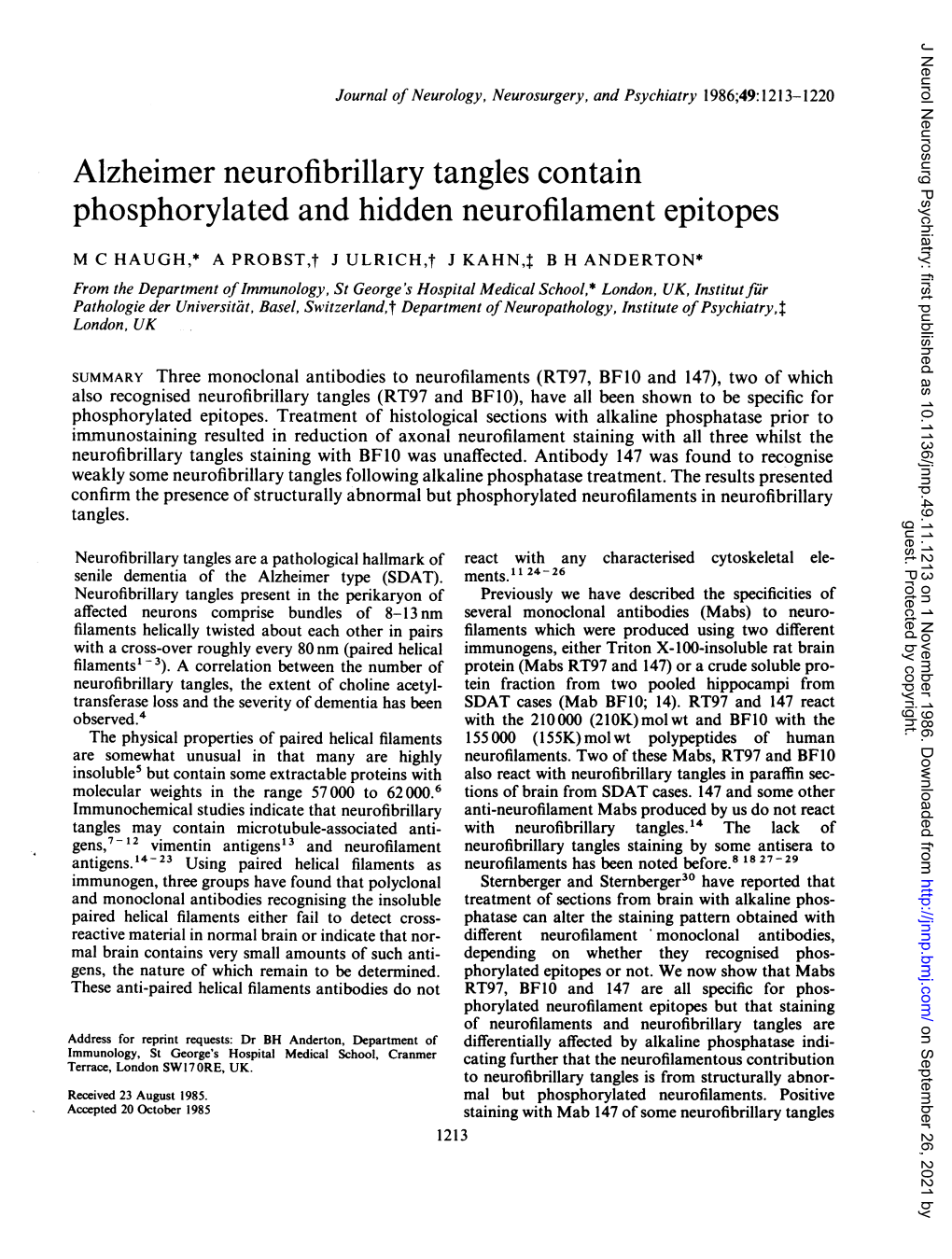 Alzheimer Neurofibrillary Tangles Contain Phosphorylated and Hidden Neurofilament Epitopes
