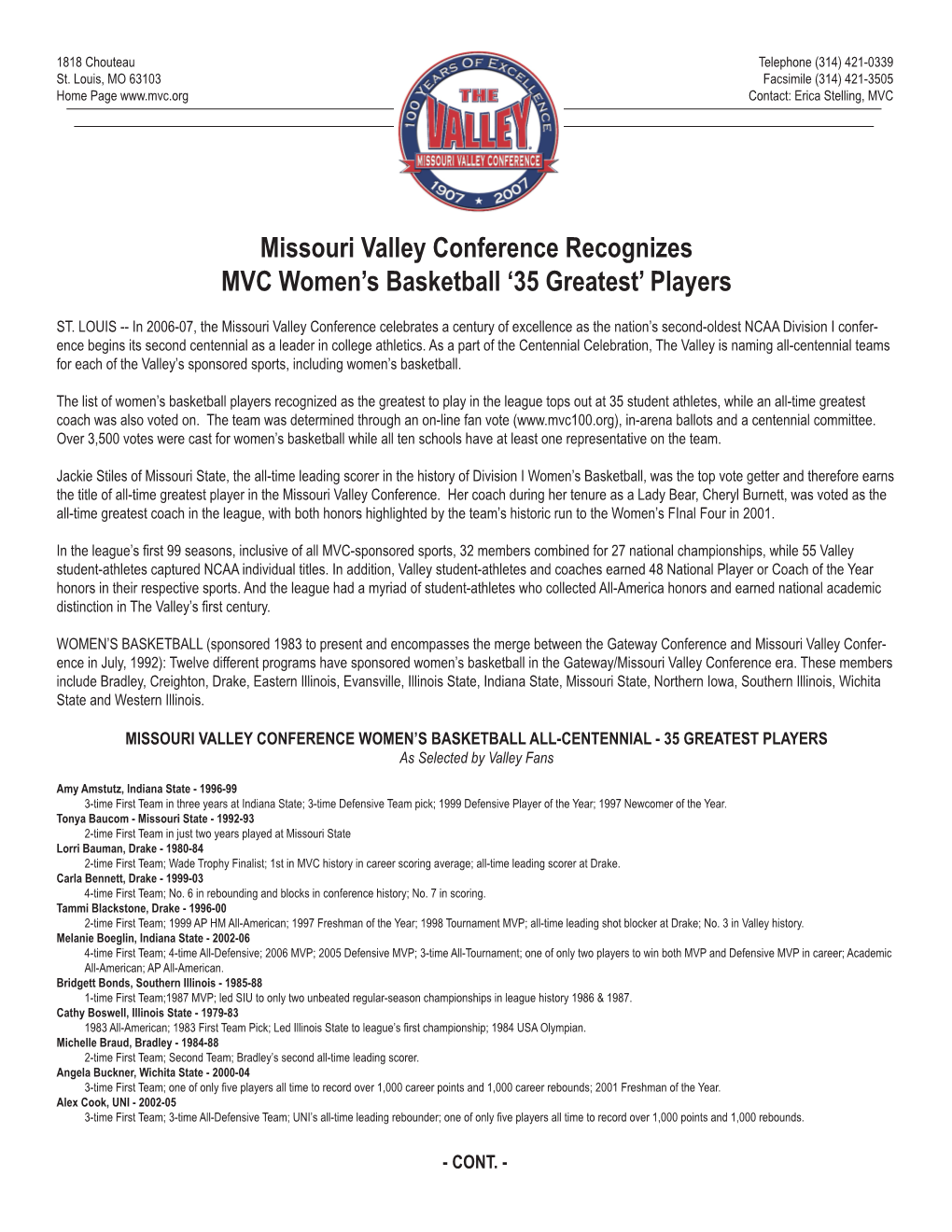 Missouri Valley Conference Recognizes MVC Women's