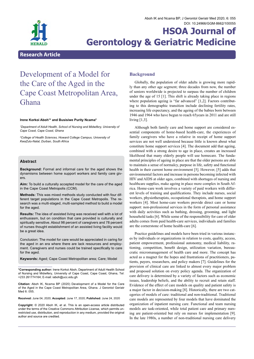 Development of a Model for the Care of the Aged in the Cape Coast Metropolitan Area, Ghana
