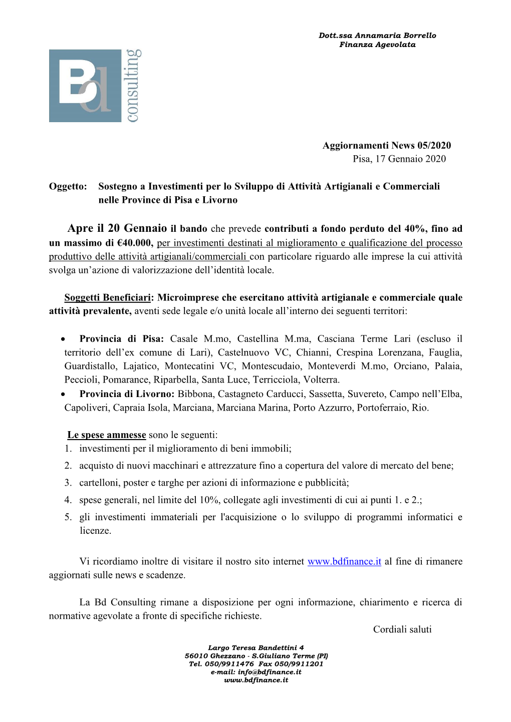 Aggiornamenti News 05/2020 Pisa, 17 Gennaio 2020