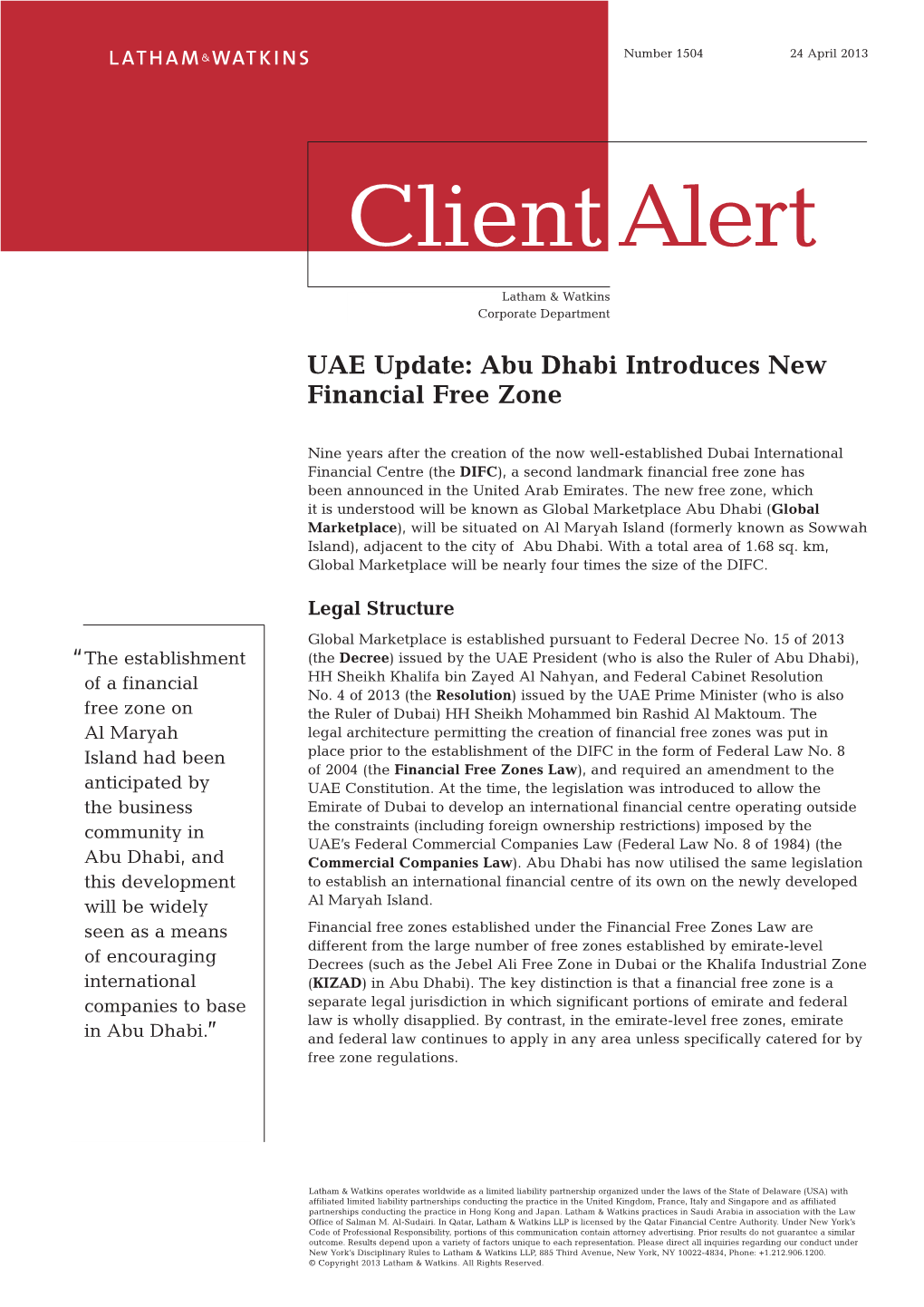 UAE Update: Abu Dhabi Introduces New Financial Free Zone