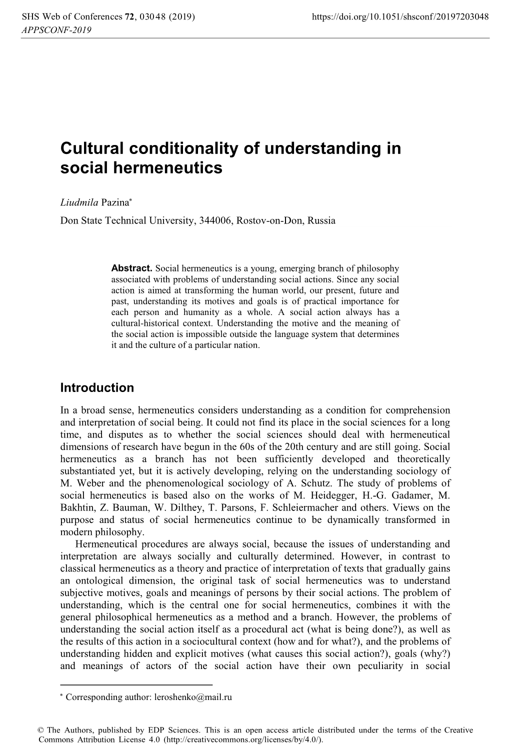 Cultural Conditionality of Understanding in Social Hermeneutics