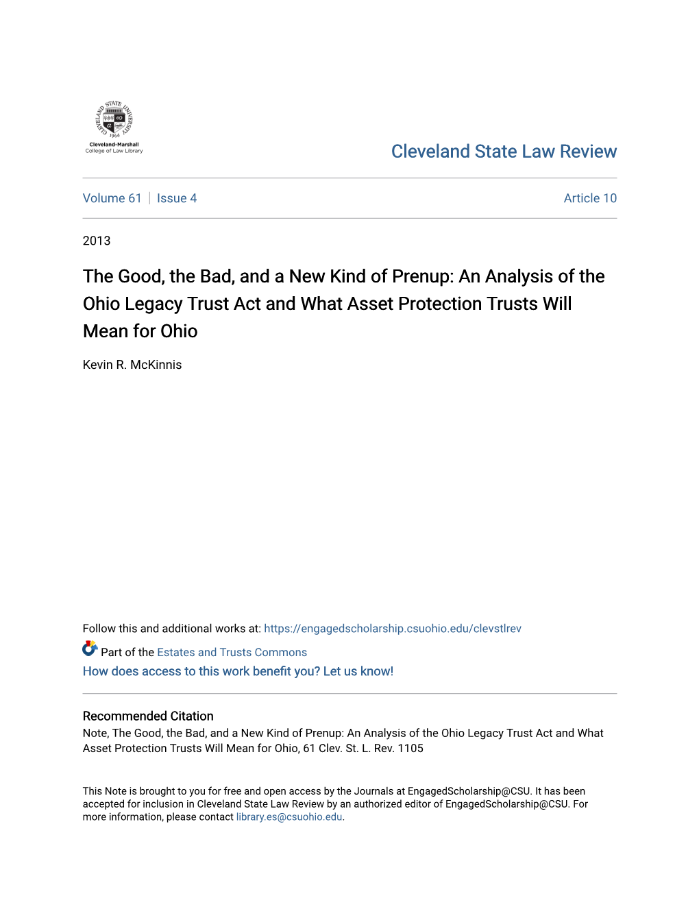 An Analysis of the Ohio Legacy Trust Act and What Asset Protection Trusts Will Mean for Ohio