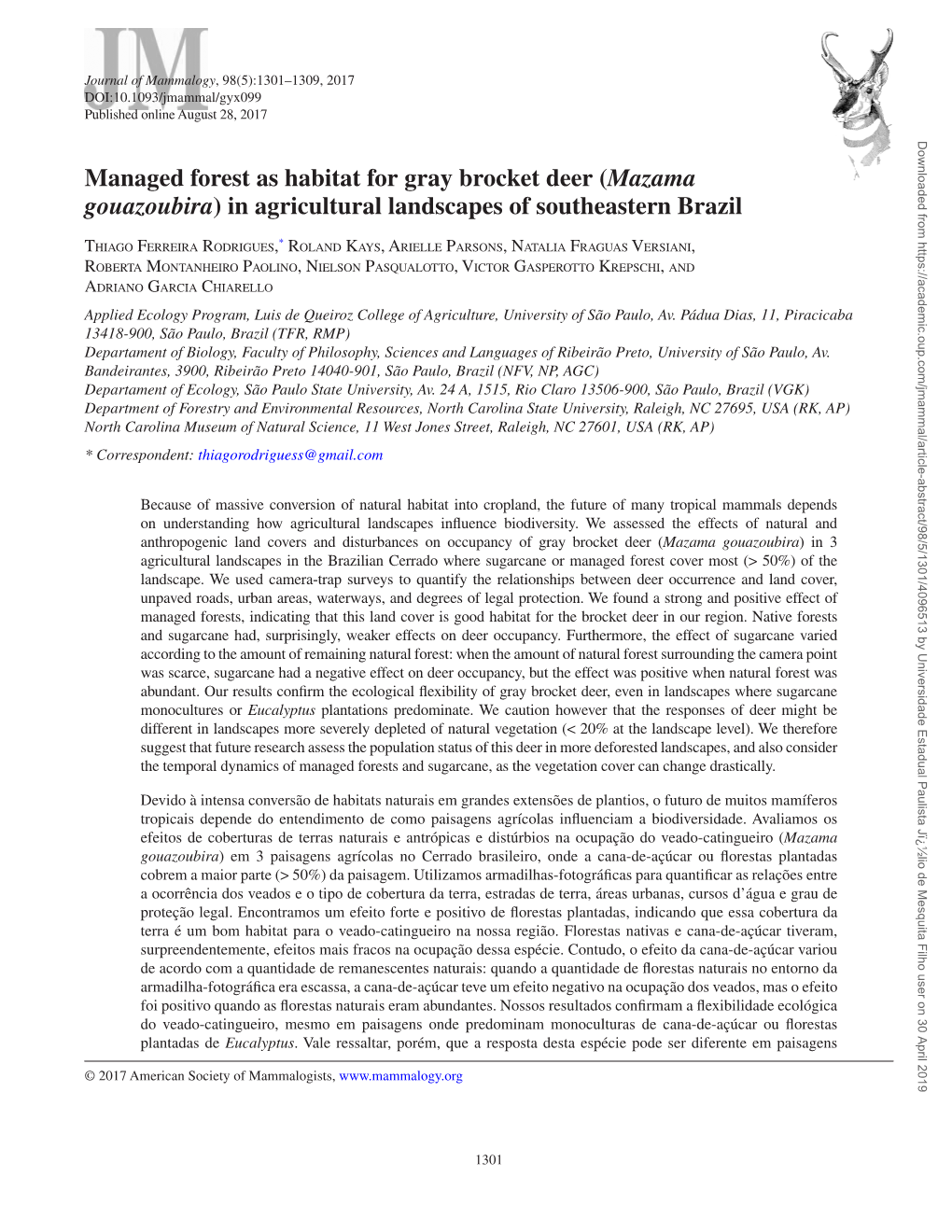 Managed Forest As Habitat for Gray Brocket Deer (Mazama Gouazoubira) in Agricultural Landscapes of Southeastern Brazil