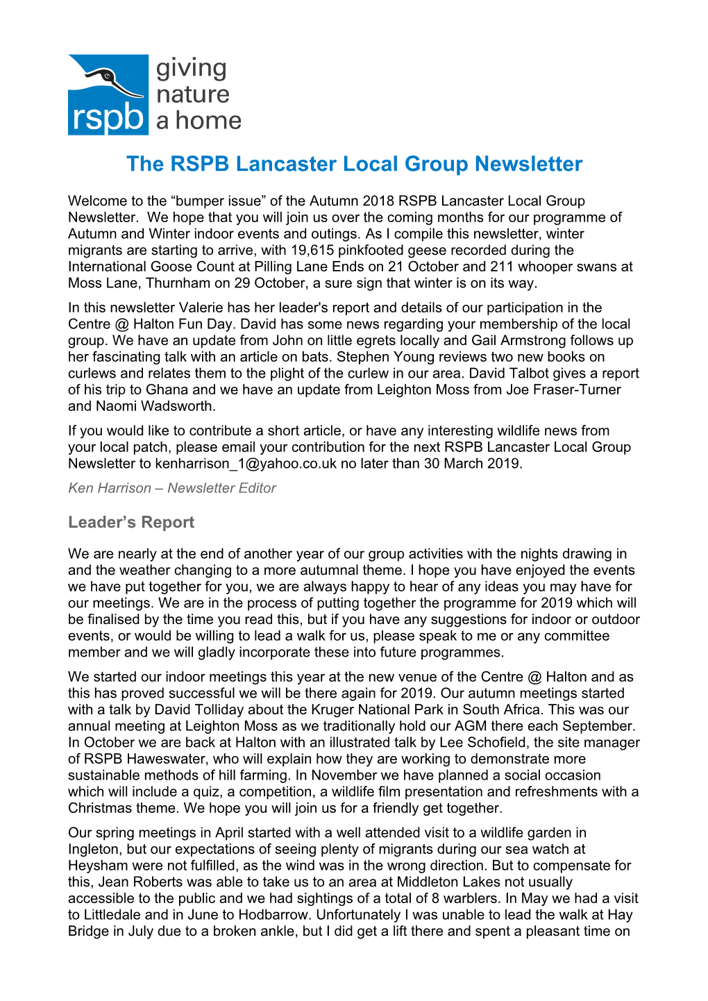 The RSPB Lancaster Local Group Newsletter