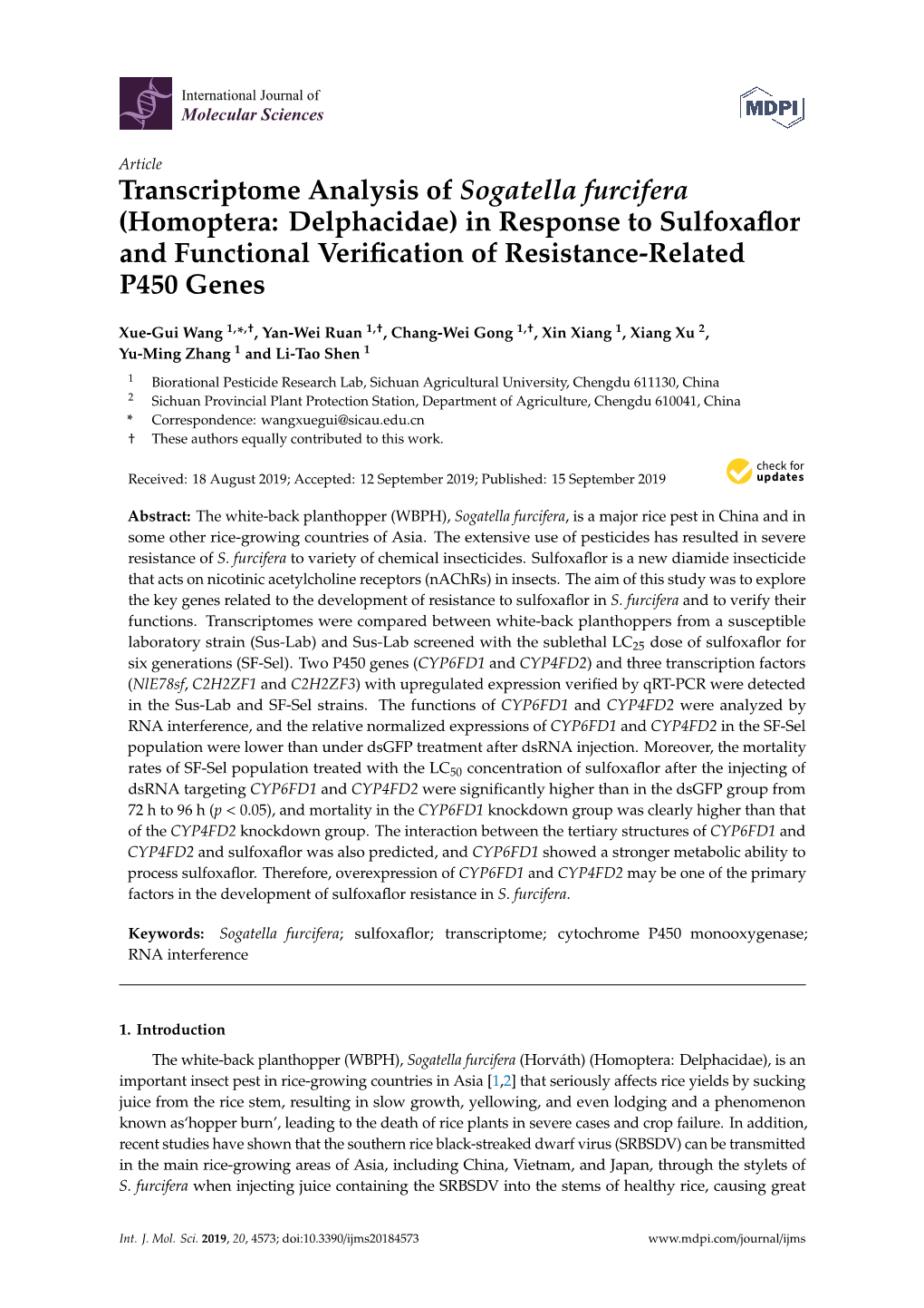 Transcriptome Analysis of Sogatella Furcifera (Homoptera: Delphacidae) in Response to Sulfoxaﬂor and Functional Veriﬁcation of Resistance-Related P450 Genes