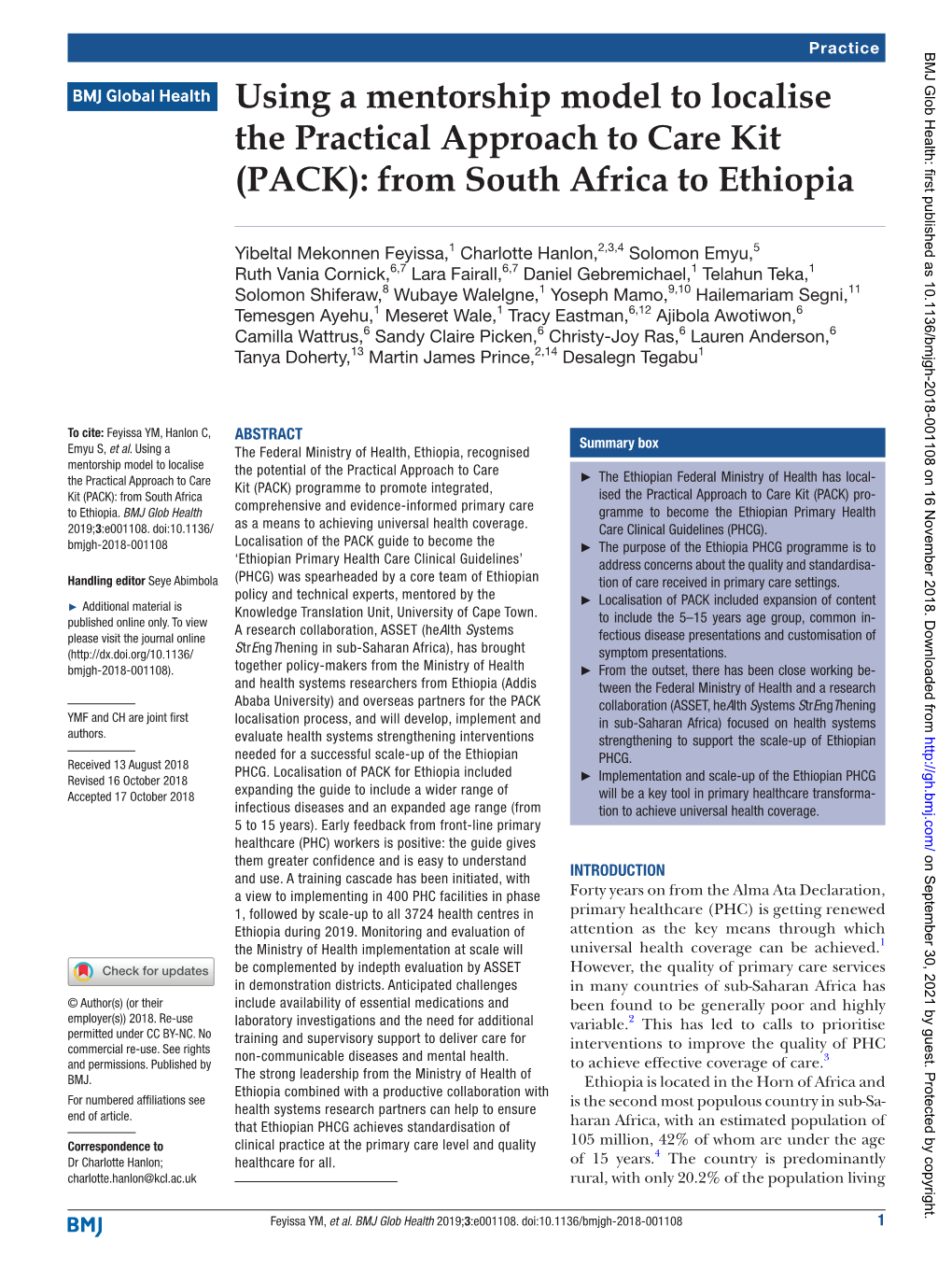 Using a Mentorship Model to Localise the Practical Approach to Care Kit (PACK): from South Africa to Ethiopia