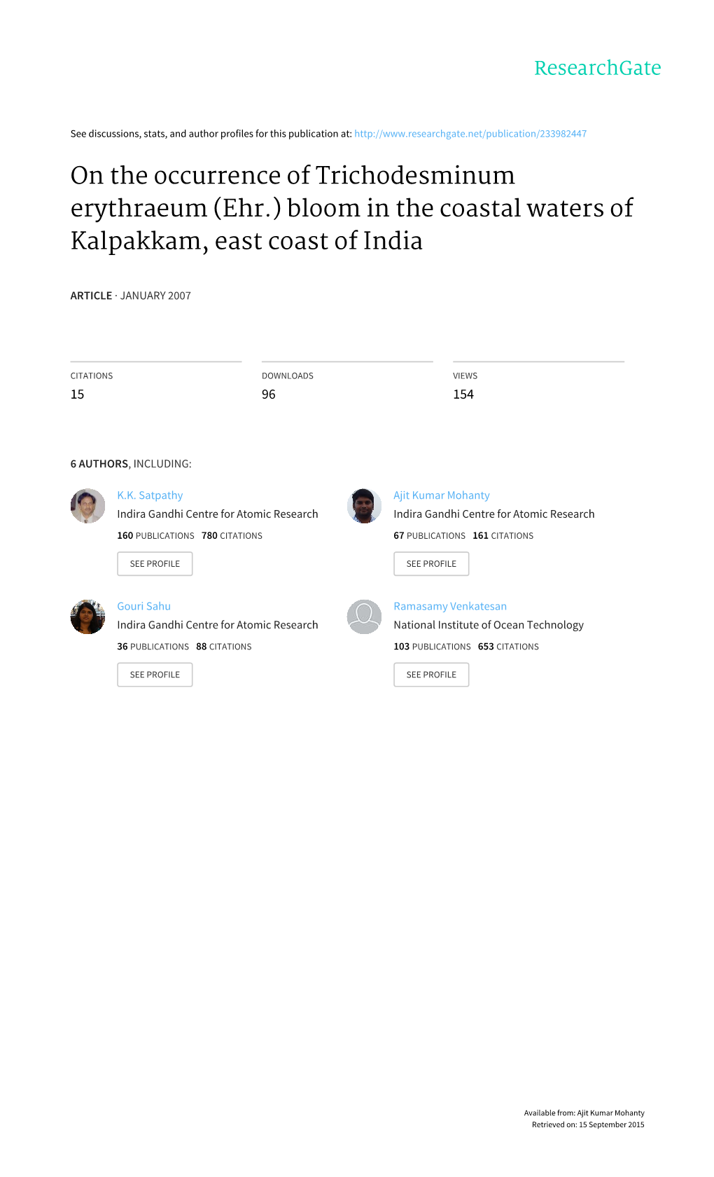 On the Occurrence of Trichodesmium Erythraeum (Ehr.) Bloom in the Coastal Waters of Kalpakkam, East Coast of India