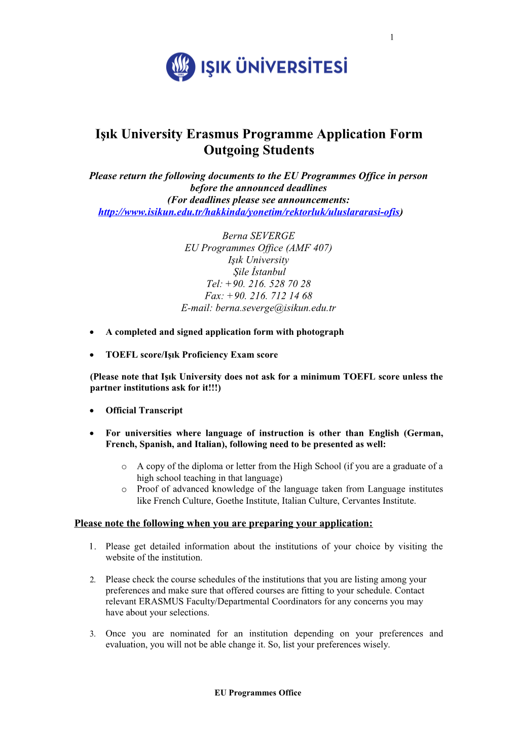 Işık University Erasmus Programme Application Form