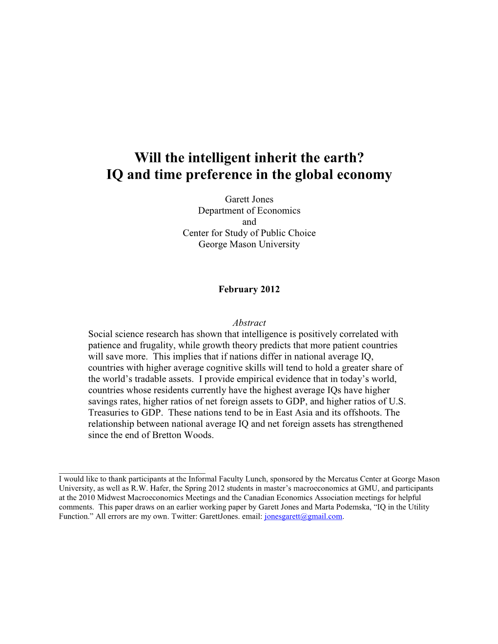 Will the Intelligent Inherit the Earth? IQ and Time Preference in the Global Economy