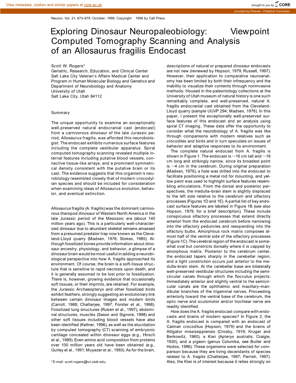 Exploring Dinosaur Neuropaleobiology: Viewpoint Computed Tomography Scanning and Analysis of an Allosaurus Fragilis Endocast