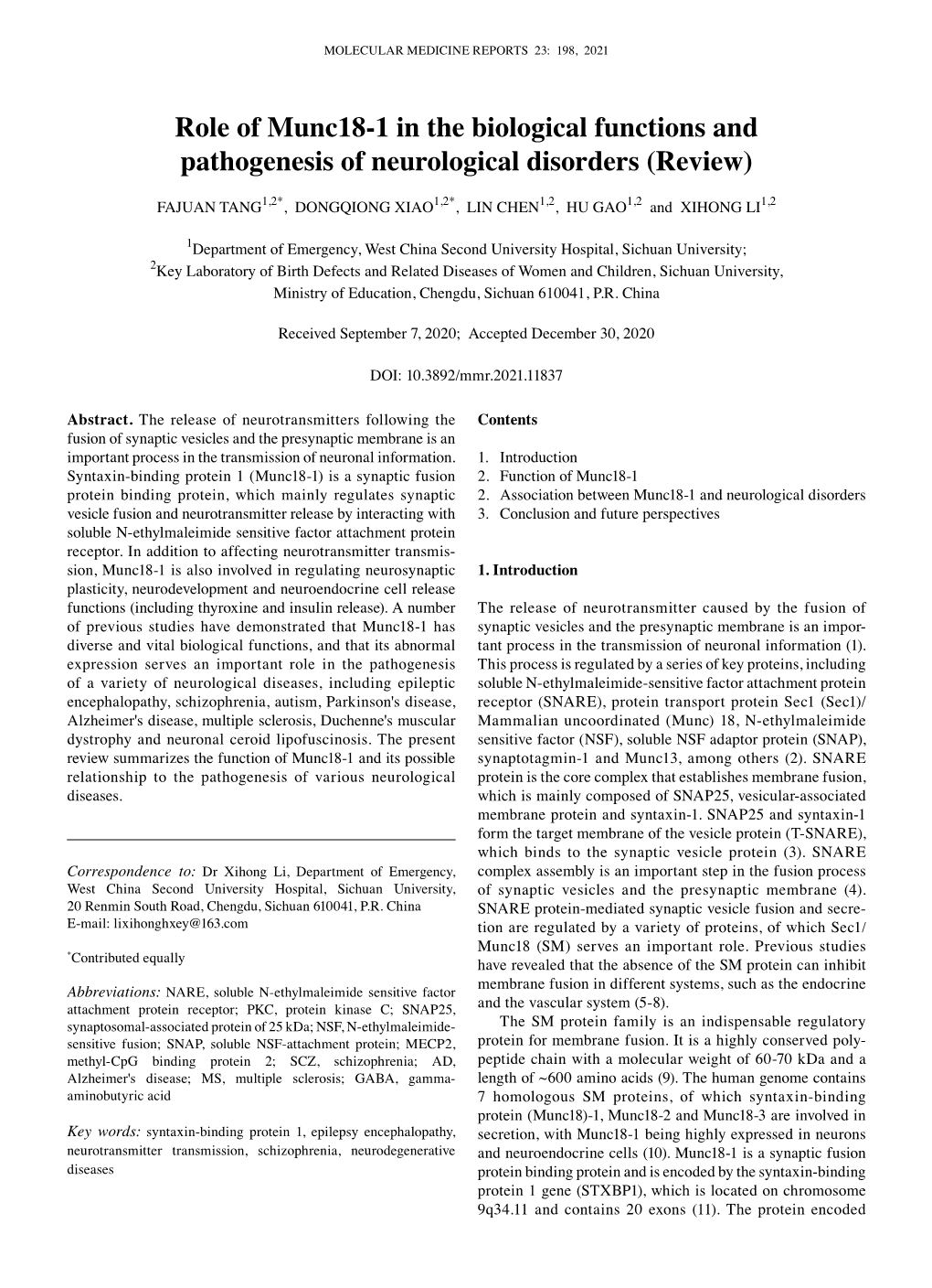 Role of Munc18-1 in the Biological Functions and Pathogenesis of Neurological Disorders (Review)