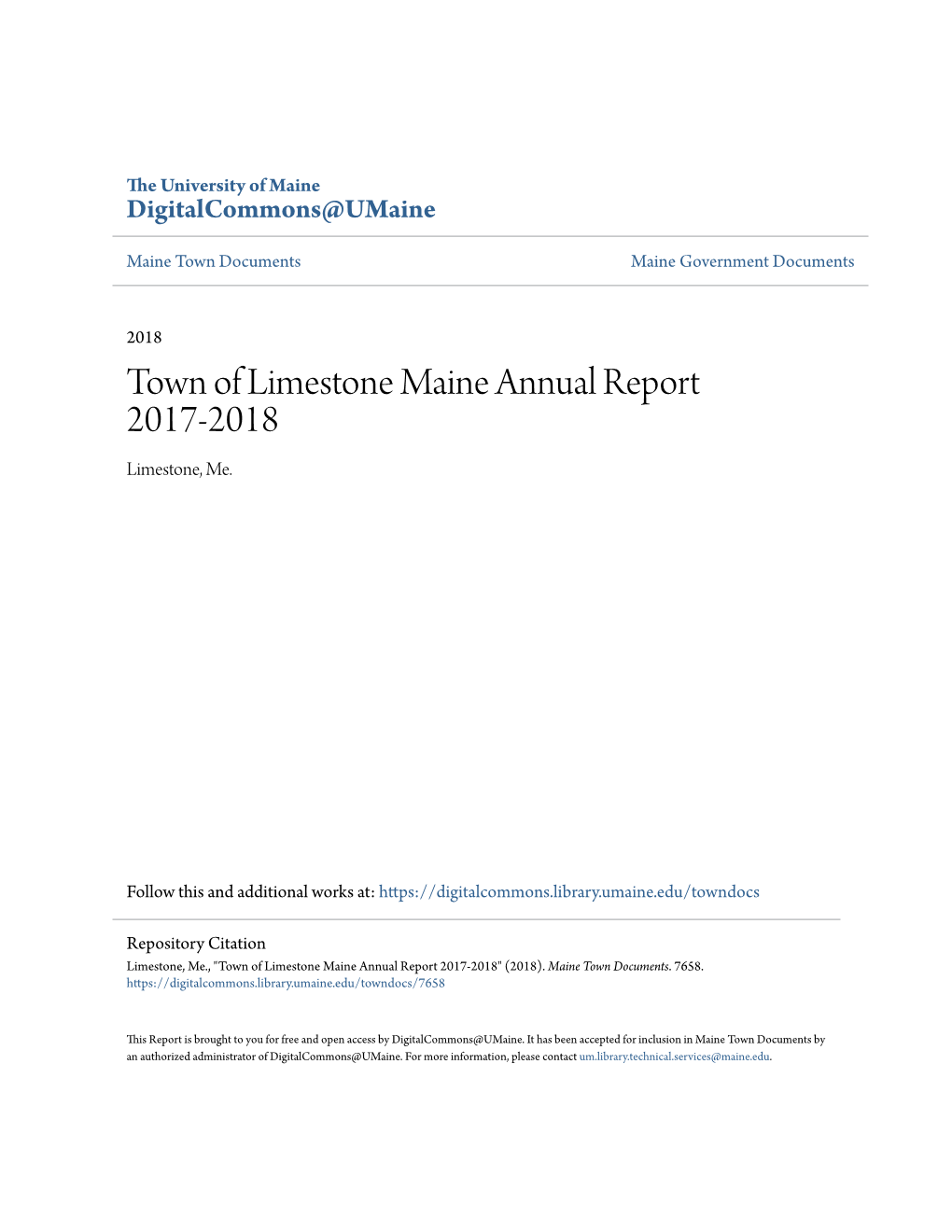 Town of Limestone Maine Annual Report 2017-2018 Limestone, Me