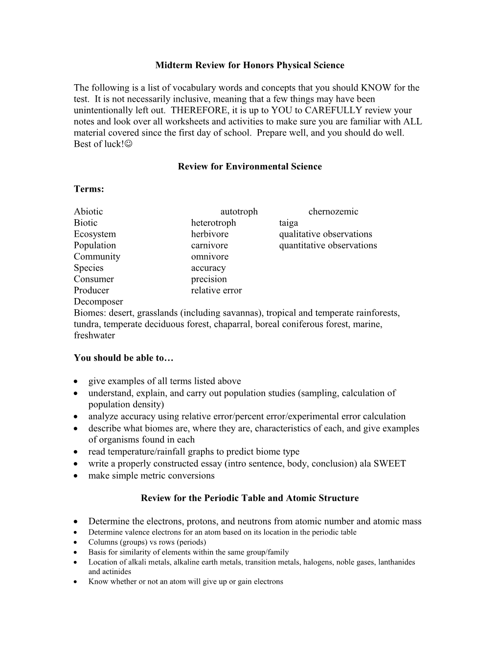 Midterm Review for Honors Physical Science