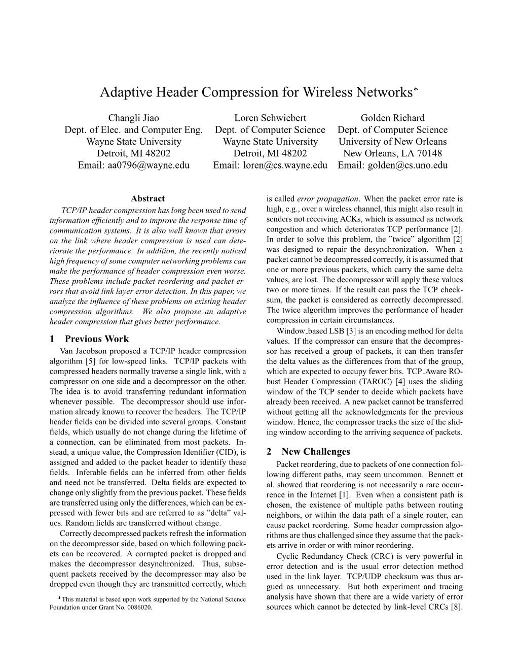 Adaptive Header Compression for Wireless Networks