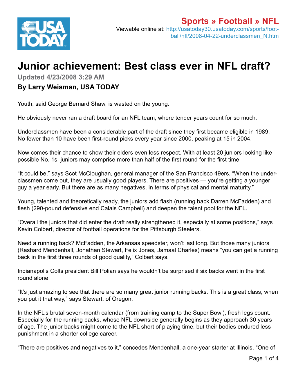 Junior Achievement: Best Class Ever in NFL Draft ? USA Today