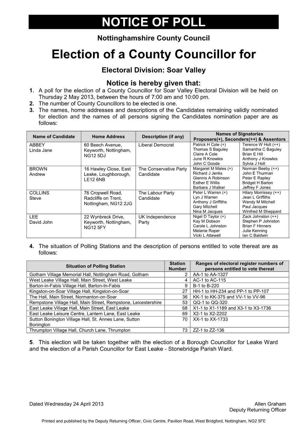 Nottinghamshire County Council Notice of Poll: Soar Valley Division