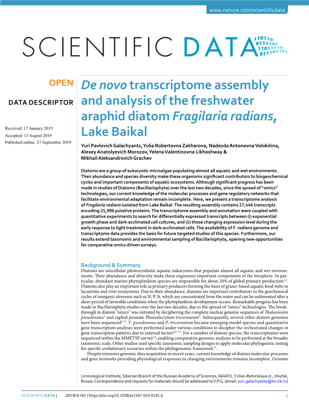 De Novo Transcriptome Assembly and Analysis of the Freshwater Araphid Diatom Fragilaria Radians, Lake Baikal
