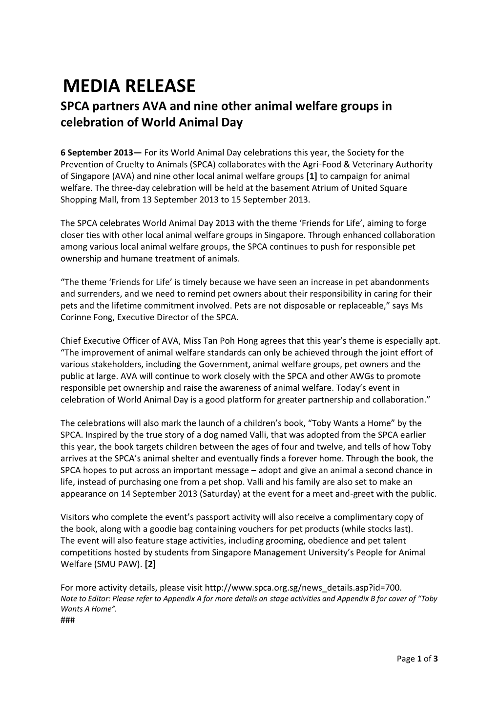 MEDIA RELEASE SPCA Partners AVA and Nine Other Animal Welfare Groups in Celebration of World Animal Day