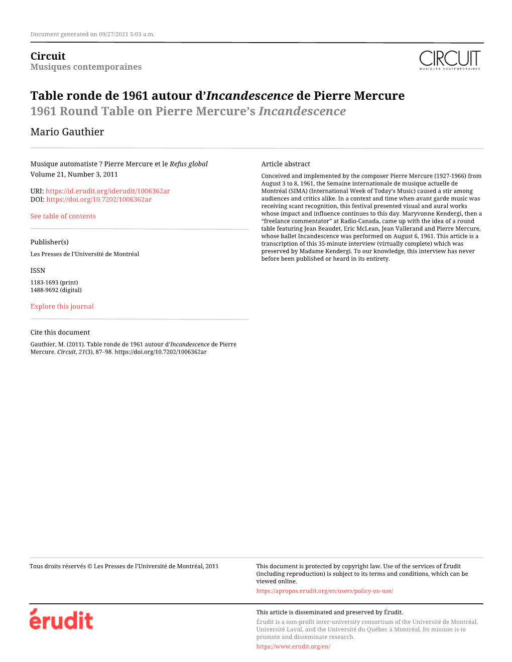 De Pierre Mercure 1961 Round Table on Pierre Mercure’S Incandescence Mario Gauthier