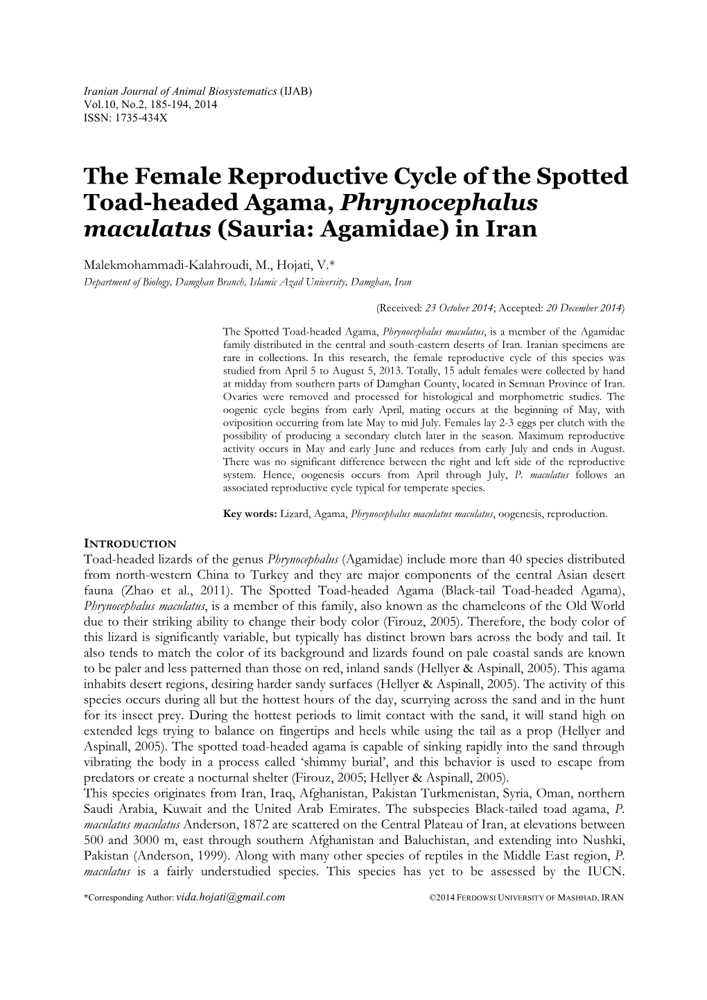 The Female Reproductive Cycle of the Spotted Toad-Headed Agama, Phrynocephalus Maculatus (Sauria: Agamidae) in Iran