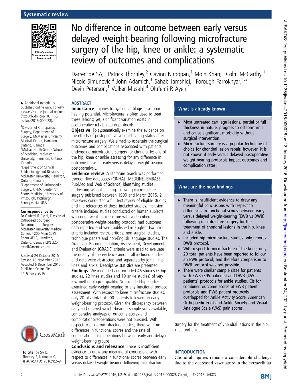 No Difference in Outcome Between Early Versus Delayed Weight-Bearing Following Microfracture