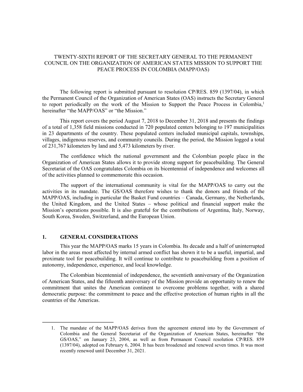 Twenty-Sixth Report of the Secretary General to The